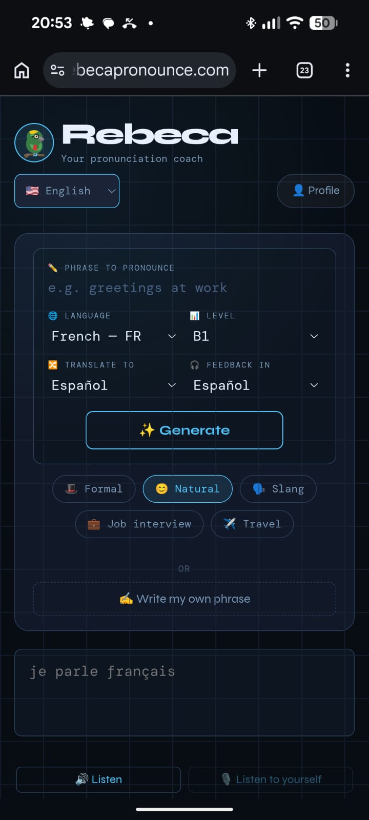 Rebeca phrase generator showing language, level, tone, and a generated French practice phrase